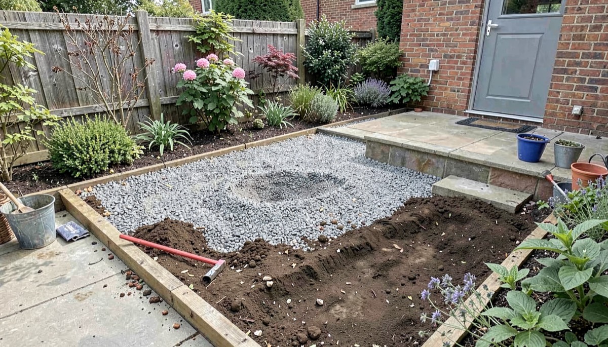 Préparation terrain pour coin repas extérieur