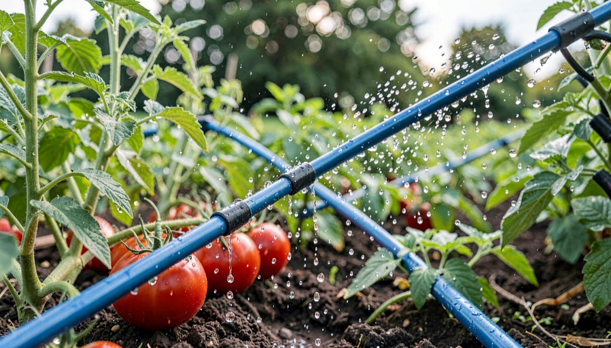 Système d'arrosage goutte-à-goutte dans un potager