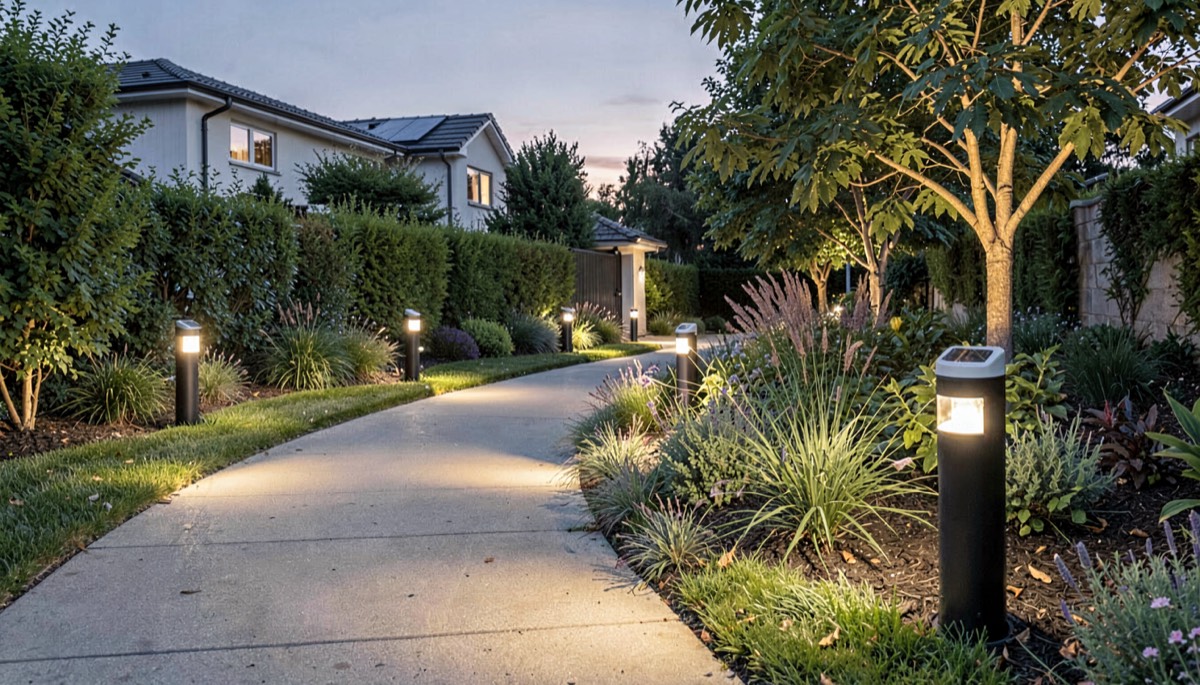 Bornes solaires le long d'une allée de jardin