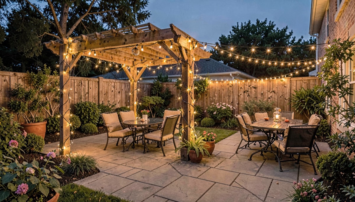 Guirlandes lumineuses sur une terrasse