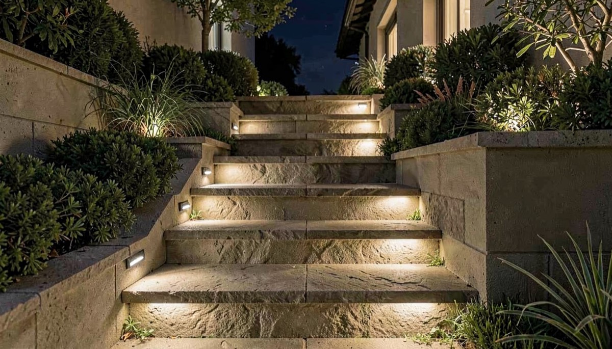 Spots encastrés éclairant des marches extérieures