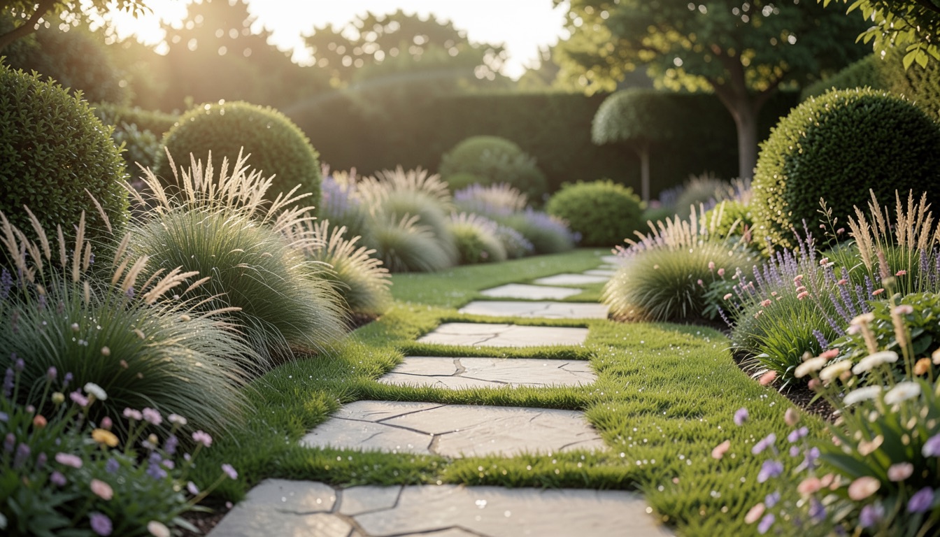 Jardin contemporain naturel avec allée en pas japonais et graminées