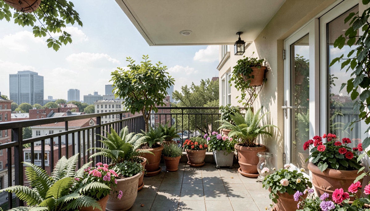 Balcon potager et plantations en pots à arroser avec méthode au printemps