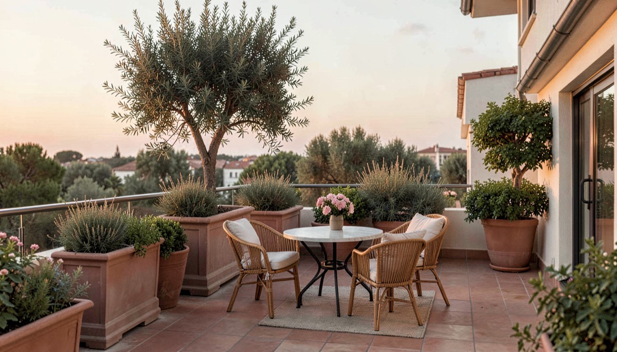 Terrasse plantée avec végétaux sobres et paillage pour limiter les besoins en eau